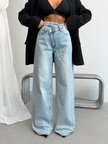 Kadın Asimetrik Çapraz Bel Detaylı Wide Leg Geniş Paça Jean Pantolon