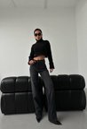 Kadın Yüksek Bel Paçası Yırtmaçlı Işıltılı Likralı Jean Pantolon