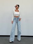 Arkası Pencereli Işıltılı Taşlı Kargo Cepli Wide-Leg Pamuklu Denim Pantolon