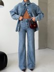 Kadın Yıkamalı Denim Takım - Oversize Kot Gömlek Ceket ve Wide Leg Jean Set