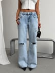 Kadın Yırtıklı Wide Leg Jean Pantolon – Vintage Yıkamalı Bol Paça Denim