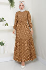 Baklava Desen Beli Bağcıklı Viskon Elbise Camel HM2475