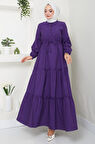 Önü Düğme Detaylı Büzgülü Elbise Mor HM2493