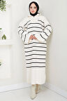 Çizgili İspanyol Kol Fermuarlı Kamyoncu Yaka Triko Elbise Beyaz HM2566