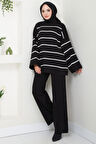 Yarım Balıkçı Yaka Çizgili Triko Takım Siyah HM2553