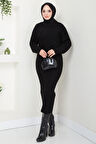 Örgü Desenli Jile Bluz Triko Takım Siyah HM2559