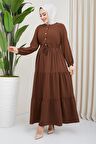 Büzgülü Düğmeli Ayrobin Elbise Kahverengi