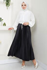Beli Lastikli Deri Görünümlü Sık Piliseli Etek Siyah HM2655