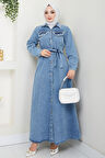 Nakış Detaylı Kuşaklı Düğmeli Kot Elbise HM2669 Mavi