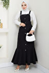 Eteği Fırfırlı Düğmeli Kot Salopet Elbise Siyah HM2672