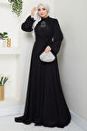 Boncuklu Şifon Abiye Elbise Siyah HM2667