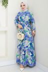 Nare Yaprak Desenli Viskon Elbise Mavi HM2682