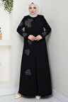 Büyük Beden Lale Taşlı Anne Elbisesi Siyah HM2692