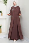 Büyük Beden Lale Taşlı Anne Elbisesi Kahverengi HM2692