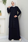Büyük Beden Boncuklu Taşlı Anne Elbisesi Lacivert HM2693