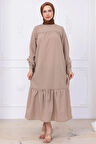 Robalı Kol Ucu Bağlamalı Elbise Bej HM2081