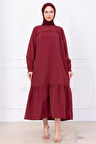 Robalı Kol Ucu Bağlamalı Elbise Bordo HM2081