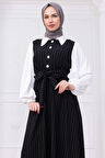 Kol Garnili Çizgili Tesettür Elbise Siyah HM2740
