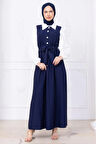 Kol Garnili Çizgili Tesettür Elbise Lacivert HM2740
