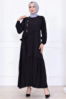 Önü Taş Detaylı Yandan Bağlamalı Tesettür Elbise Siyah HM2760