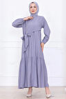 Önü Taş Detaylı Yandan Bağlamalı Tesettür Elbise Gri HM2760