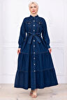 Önü Düğmeli Kuşaklı Kot Elbise HM2764 Koyu Mavi