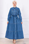 Önü Düğmeli Kuşaklı Kot Elbise HM2764 Açık Mavi