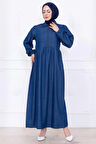 Yarım Fermuarlı Cepli Kot Elbise HM2773 Koyu Mavi