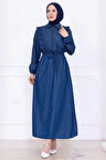 Bağlamalı Fırfır Detaylı Fermuarlı Kot Elbise HM2777 Koyu Mavi