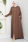 Çiçek Nakışlı Büyük Beden Ferace Kahverengi HM2844