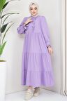 Önü Fırfırlı Kolu Bağlamalı Elbise Lila