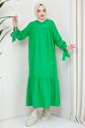 Robalı Kol Ucu Bağlamalı Elbise Yeşil