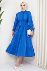 Önü Fırfırlı Kolu Bağlamalı Elbise İndigo HM2078