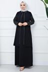 Kolları Taşlı Büyük Beden Anne Elbisesi Siyah HM2349