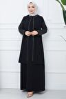 Kolları Taşlı Büyük Beden Anne Elbisesi Siyah HM2349