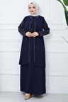 Kolları Taşlı Büyük Beden Anne Elbisesi Lacivert HM2349