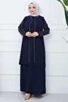 Kolları Taşlı Büyük Beden Anne Elbisesi Lacivert HM2349