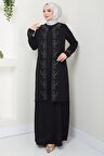 Zarif Taş Detaylı Büyük Beden Anne Elbisesi Siyah HM2427