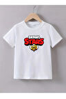 Kaliteli Penye Kız Çocuk Baskılı Beyaz Tshirt 5 6 7 8 9 10 11 12 13 14 yaş Brawl Stars