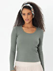 Haki Derin Yuvarlak Yaka Uzun Kollu Fitilli Kadın Bluz- 2458