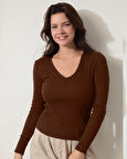 Kahverengi V Yaka Uzun Kollu Fitilli Kadın Bluz- 2427