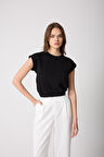 Kadın T-Shirt Beli Lastikli Duble Kol Bisiklet Yaka Siyah Basic - 2501