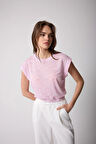 Kadın T-Shirt Beli Lastikli Duble Kol Bisiklet Yaka Desenli Pembe Basic - 2501