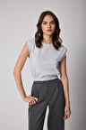 Kadın T-Shirt Gri Beli Lastikli Vatkalı Görünümlü Önü Nakışlı Basic - 2507