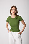 Kadın T-Shirt Yeşil Fitilli Slim Fit Kısa Kol Baby Overlok Detaylı Basic - 2511