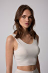 Kadın Krem Rengi Sırtı Çapraz V Detaylı Likralı Crop Büstiyer - 2514