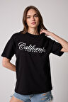 Kadın Siyah Oversize T-Shirt Californiaa Baskılı - 2517