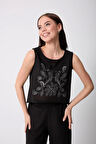 Kadın Siyah Müslin Keten Önü Nakışlı Tasarım Crop Bluz - 2521