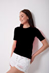 Kadın Siyah Likralı Yarım Kollu Basic T-shirt - 2524