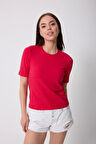 Kadın Bordo Likralı Yarım Kollu Basic T-shirt - 2524